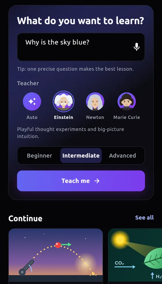 The app with “Why is the sky blue?” typed, Einstein picked as the teacher and Intermediate as the level